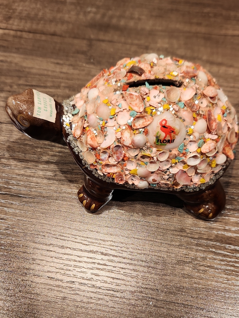 Vtg Tom Sayer Groves Japanese Turtle Bank Beach Souvenir w/Shell & Glitter Decor